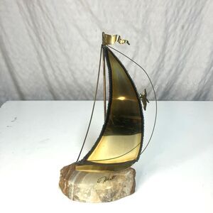 Mid Century Brass Sailboat On Quartz Rock Artist Least K Watt Signed 10”